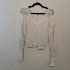 Free People White Lace Trim Cropped Long Sleeve Top